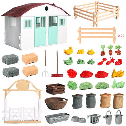 Oenux Farm House Model Action Figures Farmer Motorcycle Cow Hen Pig Animals Set Figurine Miniature PVC Cute Educational Kids Toy
