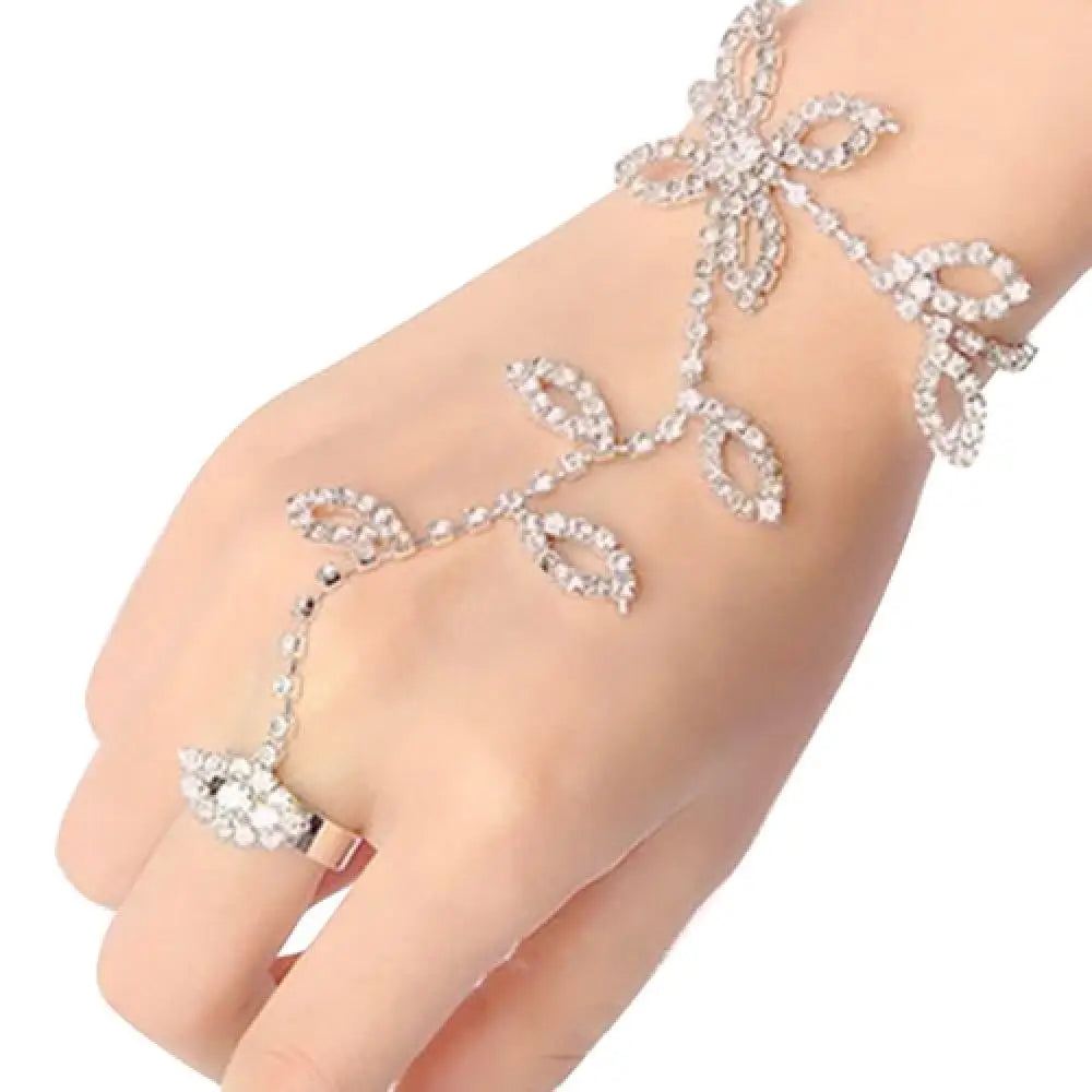 Crystal Rhinestone Leaf Hand Harness Bracelet Slave Chain Bracelet Ring Link Foot Finger Ring Finger Bracelet
