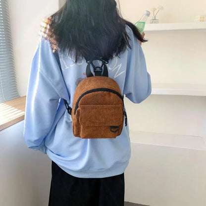 Women's Mini Backpack Fashion Solid Color Corduroy Small Simple Leisure Travel Large Capacity Durable  School Bag