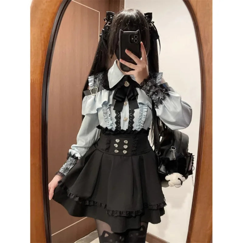 Women‘s Lolita Set Dark Femme Mesh Top & Waist Cinching Skirt, 2025 Autumn Japanese Street Style Coord for Gothic Baddie Fashion