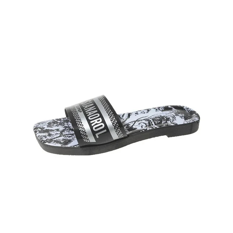 New Summer Flat Bottom Sandals Women's Outdoor Wear Sparkling Diamond One-Strap Fairy Style Sandals Trendy Ins Flat Sandals