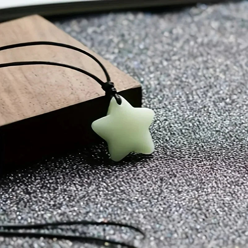 Glow-in-the-Dark Star Lucky Jade Pendant Necklace Set Adjustable Rope Sporty/Cute Style for Outdoor Adventures & Music Festivals