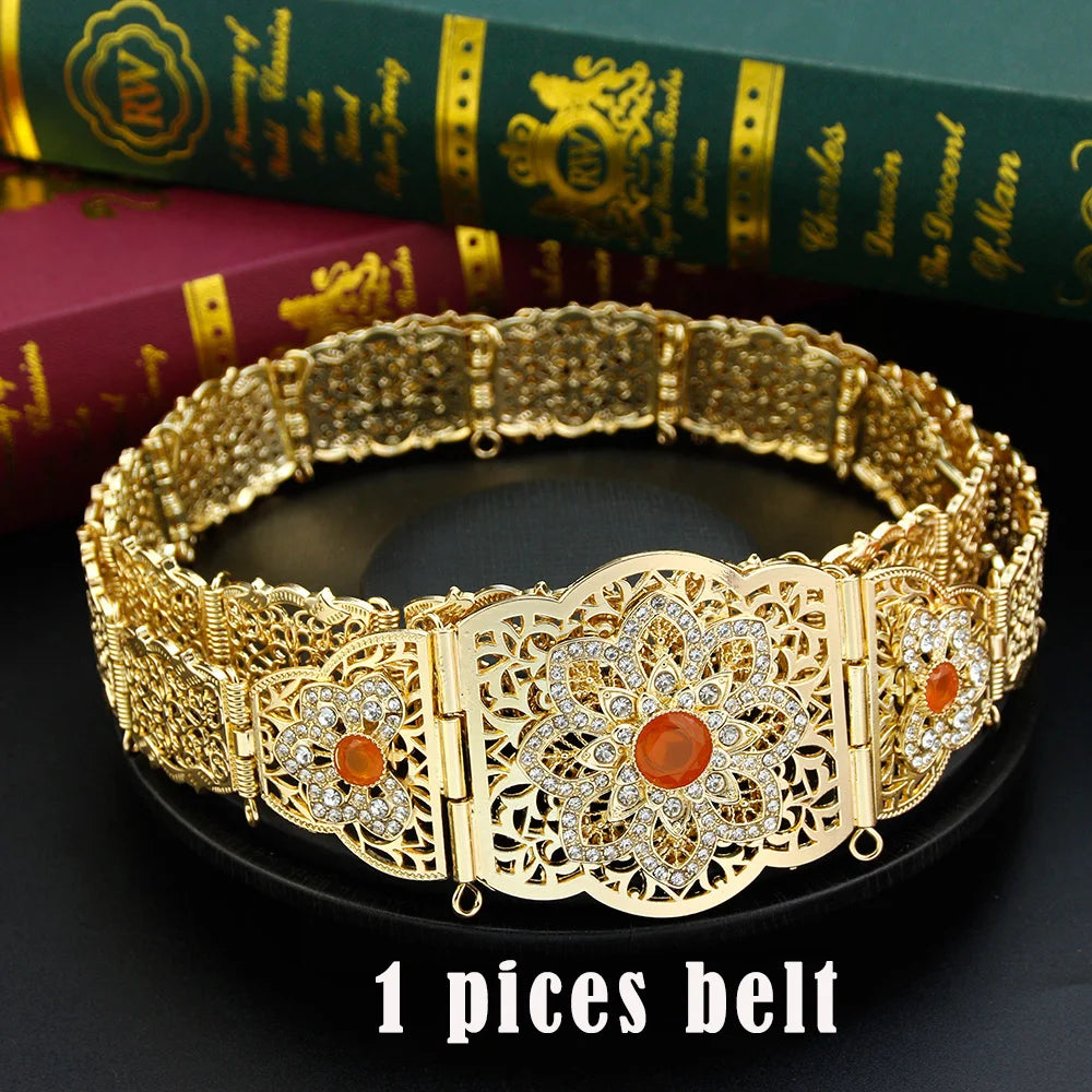 Sunspicems Moroccan Jewelry Sets For Women Gold Color Caftan Waist Chain Belt Orange Bead Choker Necklace Drop Earring Brooch