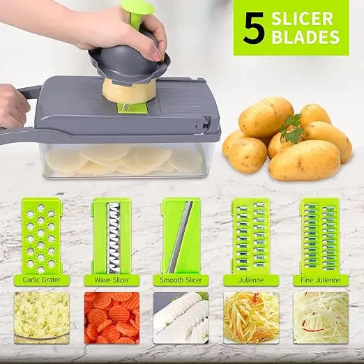 Vegetable Chopper Dicer Set Effortless Onion Tomato Cutter Lemon Squeezer 13 Blades BPA-Free Container Grey Kitchen Essential