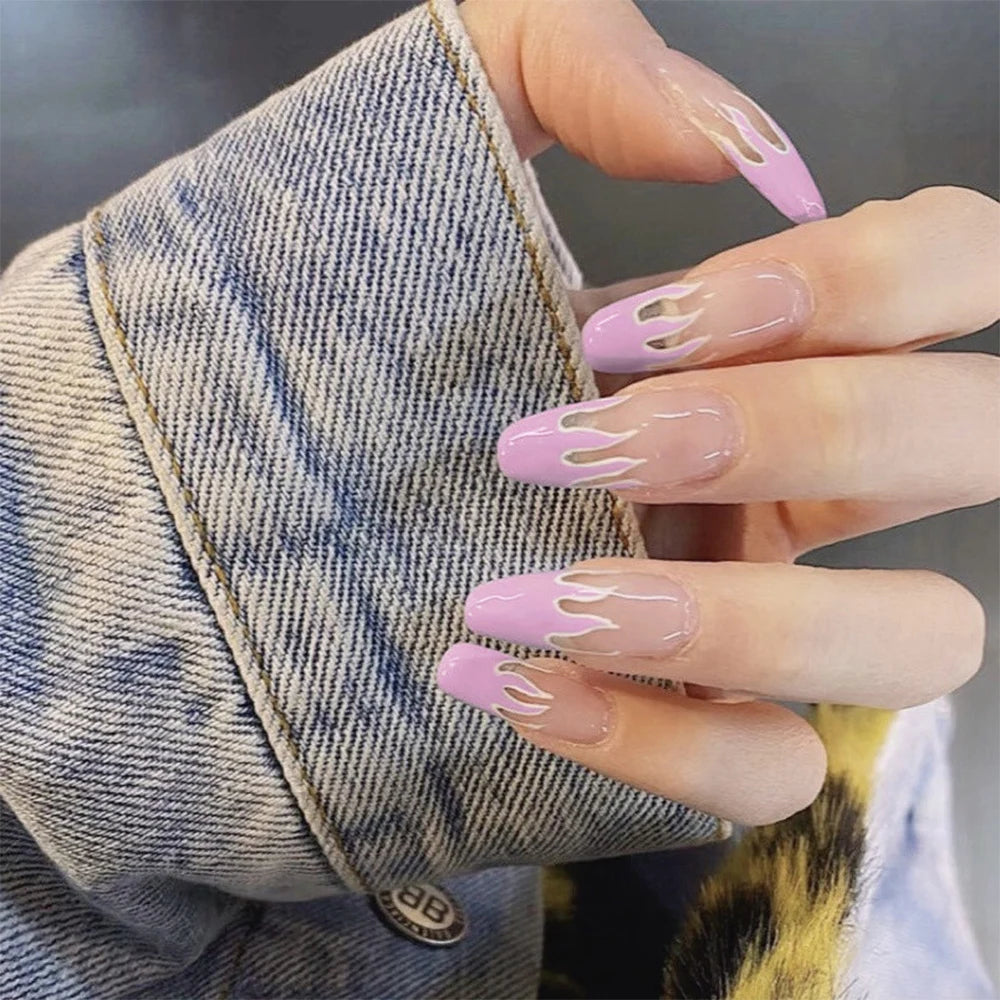 24Pcs/Box Charming Pink Flame Short Detachable Finished Fingernails Ballet Wearable Fake Nails press on Square Head Full Cover