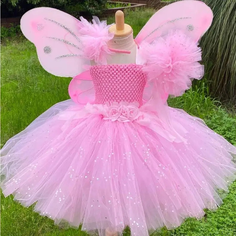 Girls Pink Fairy Dress Kids Glitter Tutu Flower Dresses with Wing and Stick Hairbow Children Birthday Halloween Party Costumes