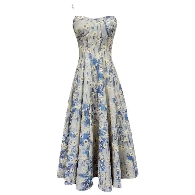 Elegant French Blue Oil Painting Fragrant Tank Dress For Women Spring Summer New Waist-Fitted Sweet Fairy Long Dress