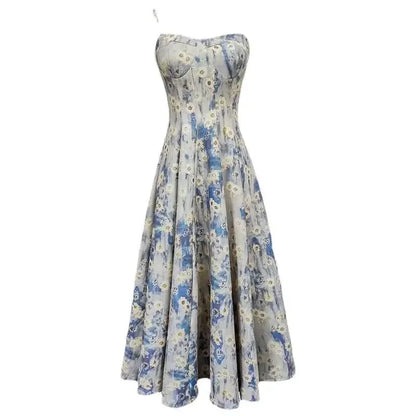 Elegant French Blue Oil Painting Fragrant Tank Dress For Women Spring Summer New Waist-Fitted Sweet Fairy Long Dress