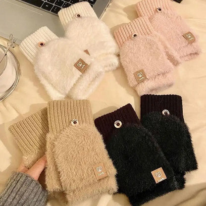 Winter Soft Fleece Half Finger Gloves Plush Knitted Fingerless Gloves Fuzzy Flexible flip Wrist Mittens Student Writting Gloves