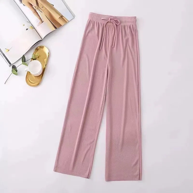 Spring Summer Ice Silk Fitness Wide Leg Pleated Straight Pants Women High Elastic Drawstring Solid Full Trousers JYZZ-AL5718