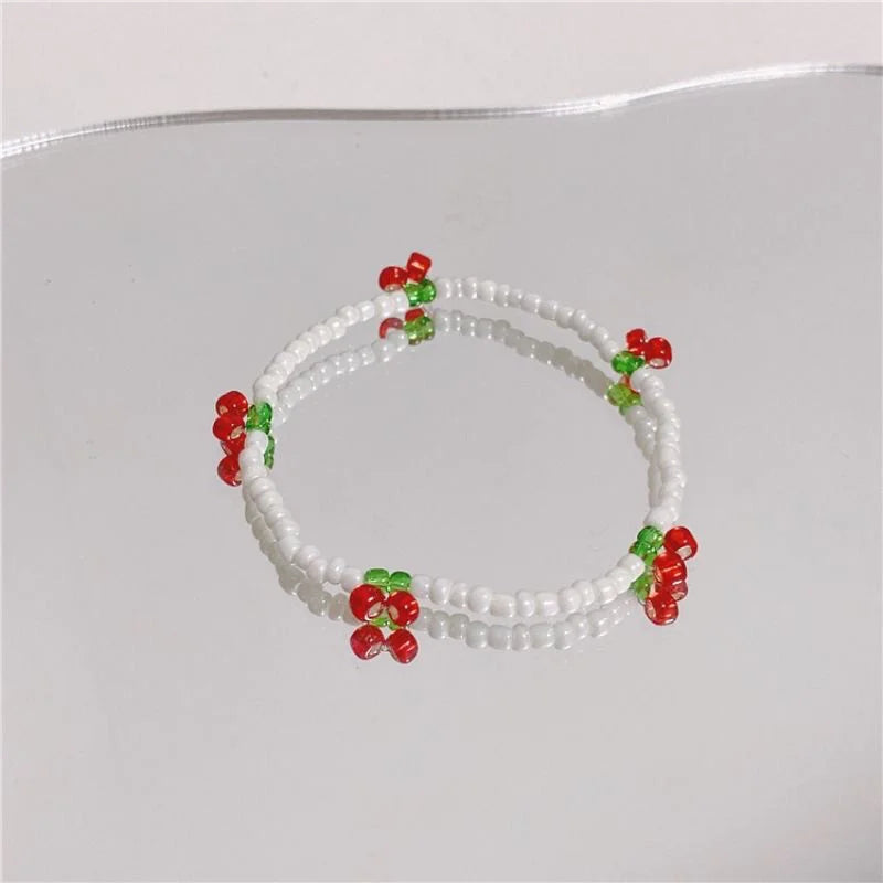 1PC Summer Niche Fresh White Crystal Beaded Bracelet Hand-woven Stylish Simplicity Cherry Bracelet Jewelry Girls Party Gifts