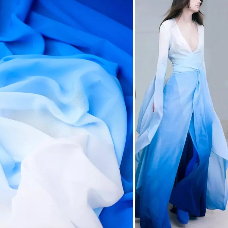 Blue Gradient Chiffon Fabric Semi-transparent By The Meter for Clothing Dress Hanfu Diy Designer Cloth Sewing Soft Fine Black