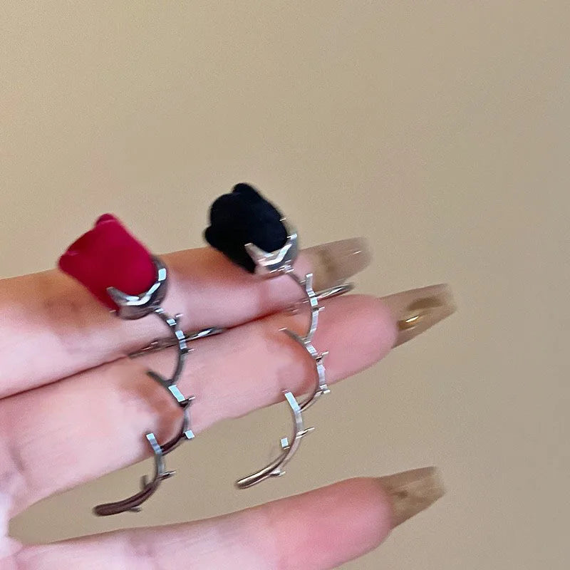Vintage Red Velvet Rose Flower Thorn Clip Earrings For Women Fashion Creative Without Piercing  Ear Cuff Party Jewelry Gifts