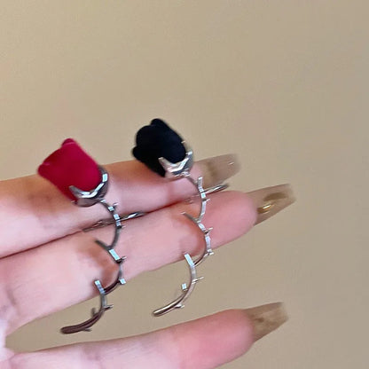 Vintage Red Velvet Rose Flower Thorn Clip Earrings For Women Fashion Creative Without Piercing  Ear Cuff Party Jewelry Gifts