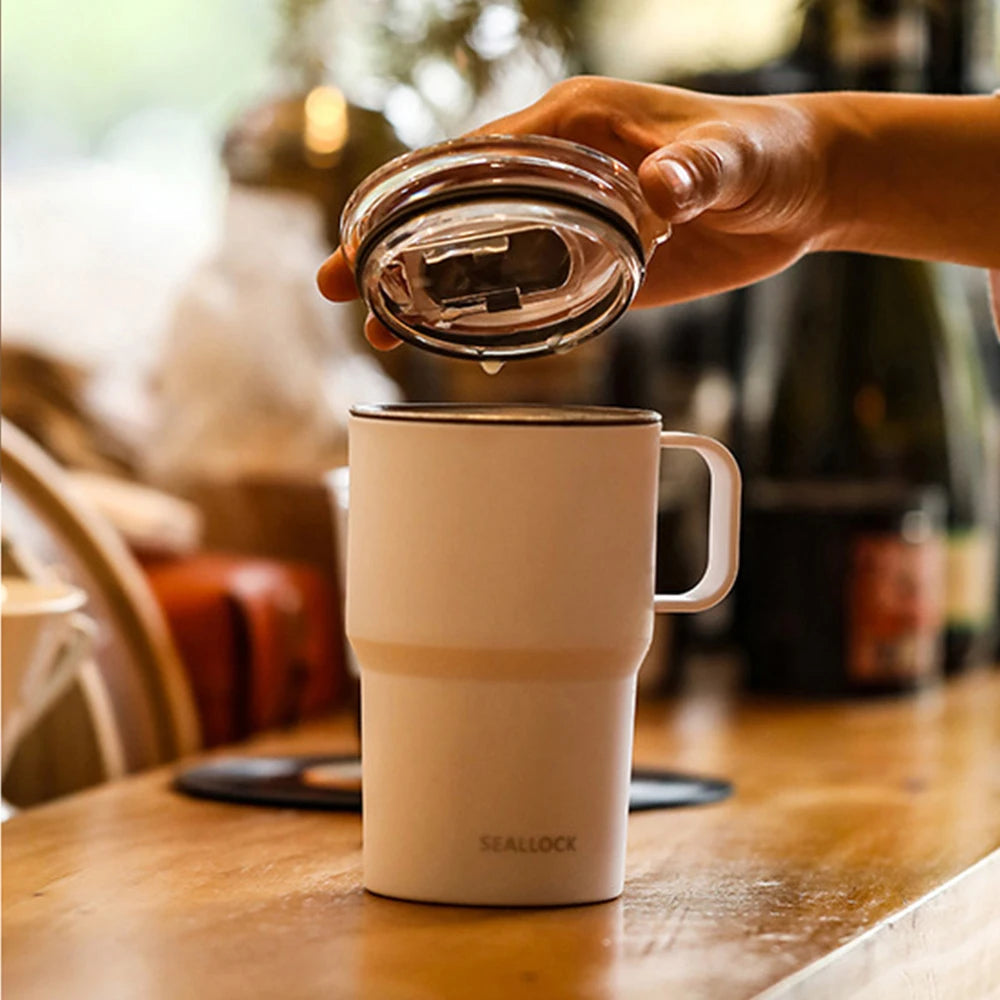 304 stainless steel water cup, coffee cup, tea cup with handle and lid, double-layer mug, car water cup, PP shell, birthday gift