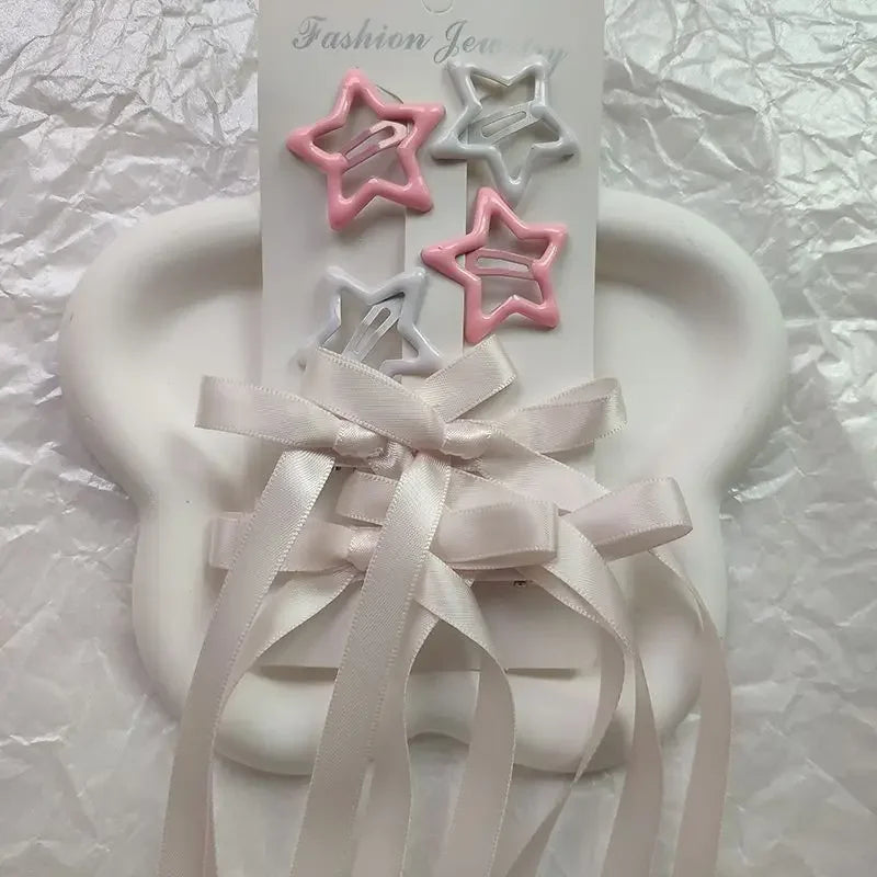 6pcs/Set Colorful Star Shaped Snap Hair Clips Y2k Metal Duck Bill Barrettes With Bowknot Tassel Women Girls Hair Accessories