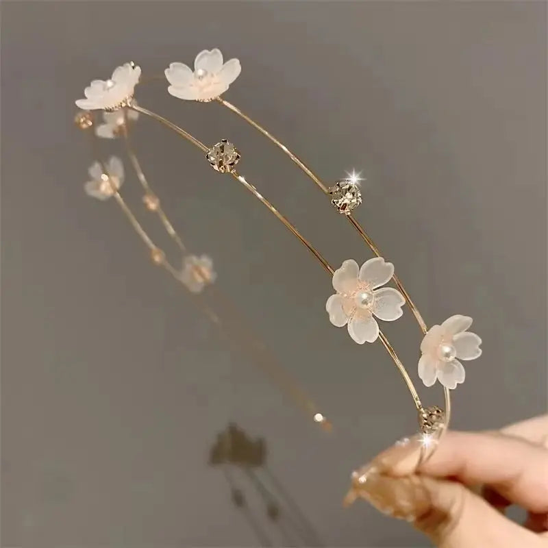 New Double Layer Metal Hairband Flower Pearl Headband for Women Headwear Shiny Rhinestone Hair Band Hoop Hair Accessories