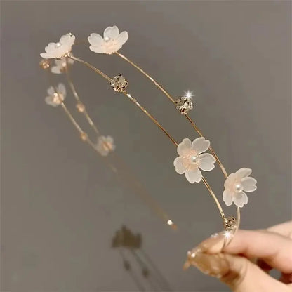New Double Layer Metal Hairband Flower Pearl Headband for Women Headwear Shiny Rhinestone Hair Band Hoop Hair Accessories
