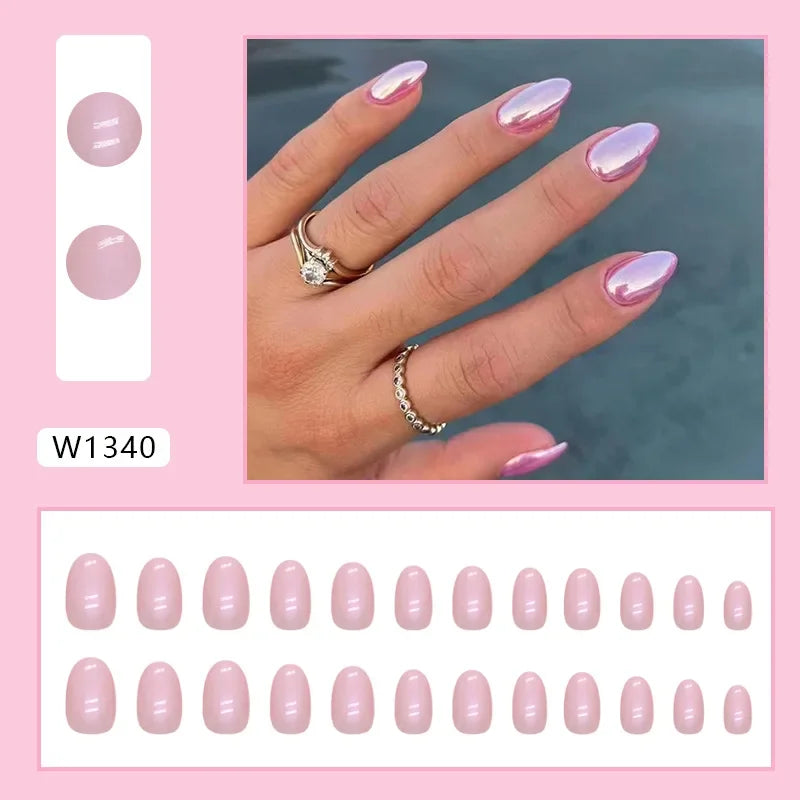 Fresh Green Tea 24 Pcs Fake Nail with Jelly sticker Press on False Nails Wearable Round Head Oval Full Cover Nail Tips