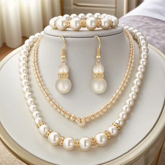 3in1 Set Elegant Simulated Pearl Necklace Earrings Bracelet Long Necklace Women Bridal Wedding Jewelry Gift