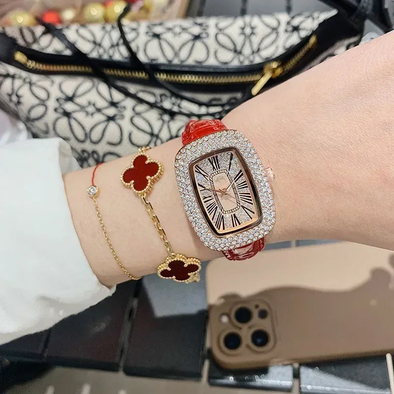 Trendy and fashionable women's leather strap watch with diamond inlay, water diamond wine barrel, women's quartz watch