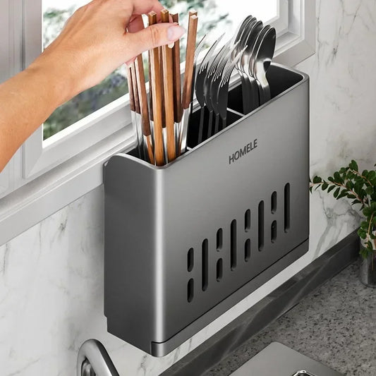 1-Piece Kitchen Utensil Rack-Multifunctional Draining Chopstick Holder Wall-Mounted or Freestanding Cutlery Storage Box Plastic
