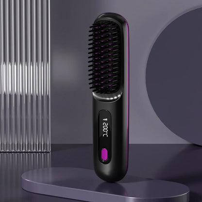 Portable Straightener Brush Cordless Hair Straightener Brush 3Setting Temperature Rechargeable Ceramic Hot Comb Brush for Travel