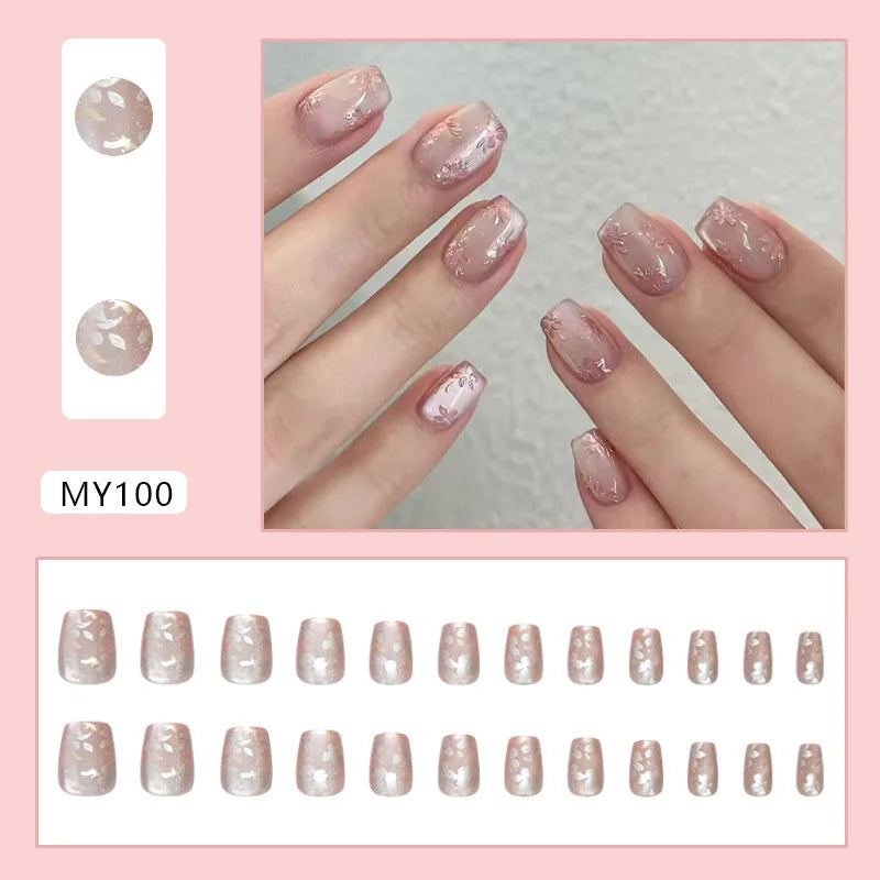 Caramel Flower 24 Pcs Press on Nails Pink Gradient Fake Nails Glossy Artificial Finger Manicure Reusable False Nails for Women