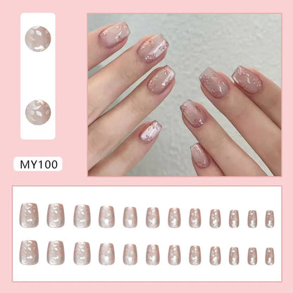 Caramel Flower 24 Pcs Press on Nails Pink Gradient Fake Nails Glossy Artificial Finger Manicure Reusable False Nails for Women