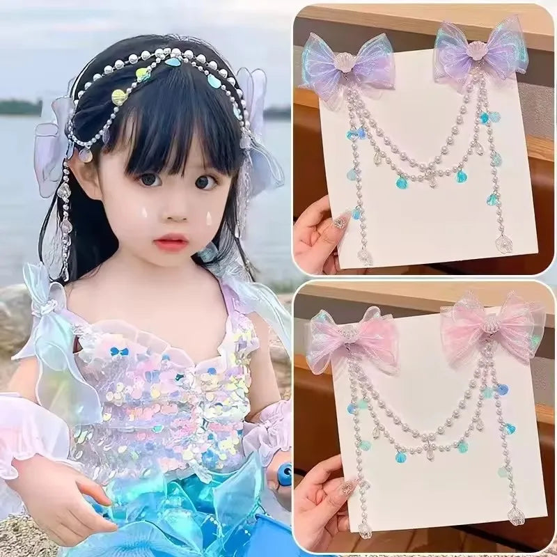 Sweet Tassel Hairclip Ear Hooks Set for Girls Kids Mermaid Elf Ear Cuffs Fairy Princess Non-Pierced Earrings Colorful Headwear