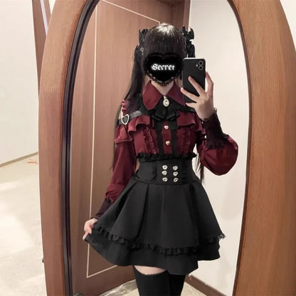 Women‘s Lolita Set Dark Femme Mesh Top & Waist Cinching Skirt, 2025 Autumn Japanese Street Style Coord for Gothic Baddie Fashion