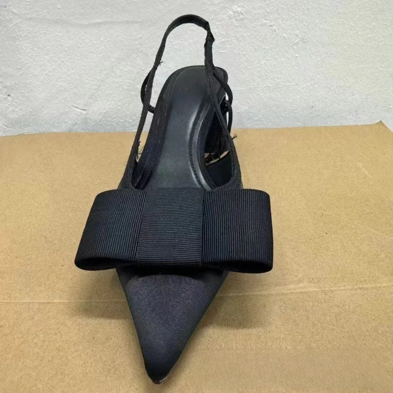 Black Pointed Toe Bow Knot Chunky Heel Women's High Heels Sandals Design Sensation Niche Seasonal New Arrival ZA24