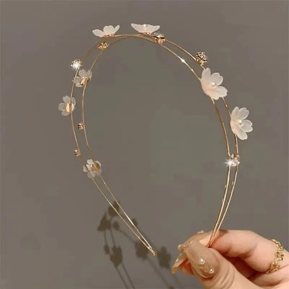 New Double Layer Metal Hairband Flower Pearl Headband for Women Headwear Shiny Rhinestone Hair Band Hoop Hair Accessories