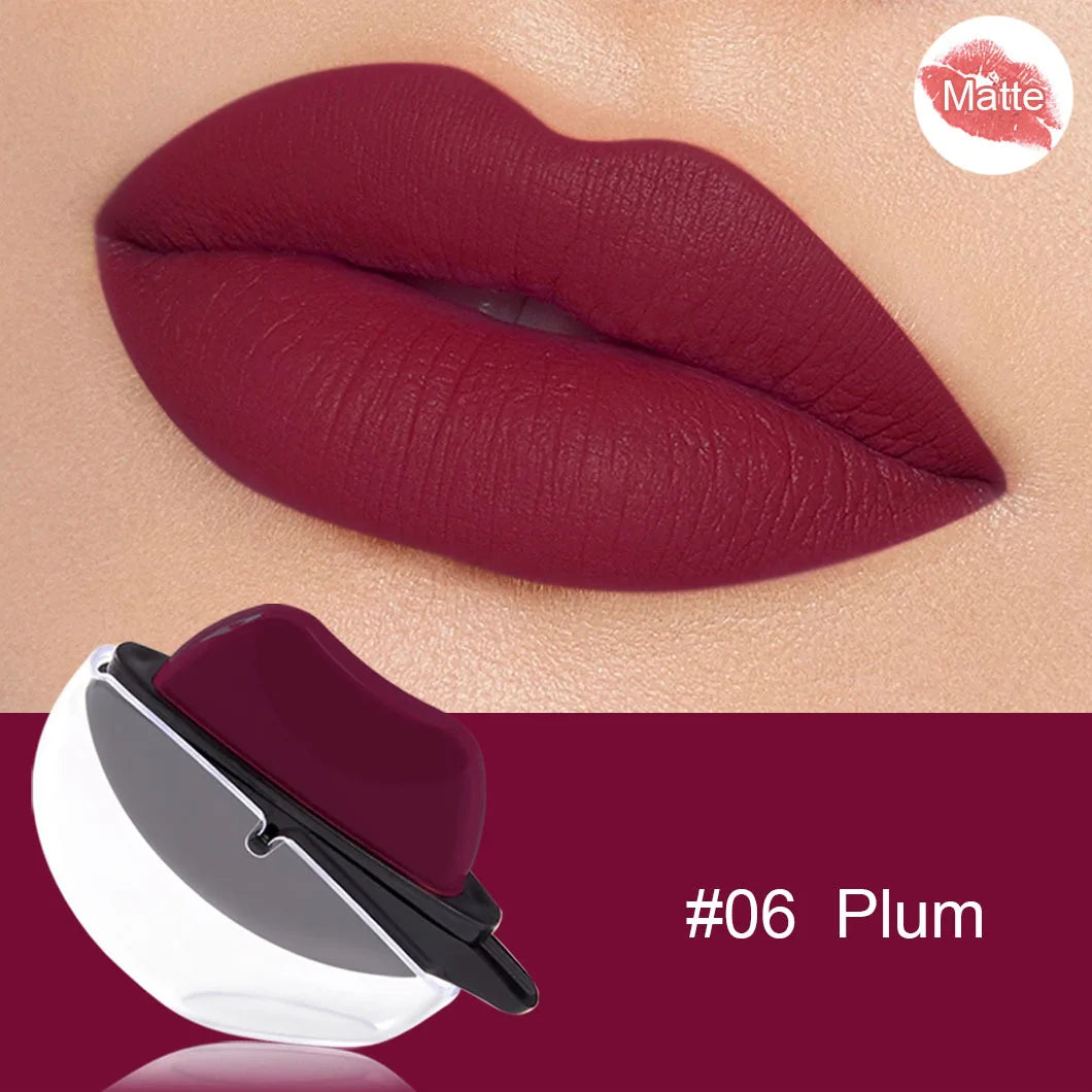 QIBEST Lip-shaped Lipstick Makeup Lazy Lipstick Velvet Matte Moisturizing Lip Gloss Waterproof Non-stick Cup Long Lasting Makeup