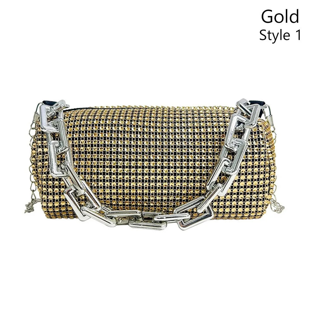 All Diamond Design Shoulder Bag Personalized Color Sparkling Bucket Bag Thick Chain Wedding Accessory Underarm Bag