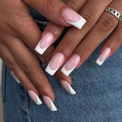 24Pcs Press on Fake Nails Short Medium French Acrylic Full Cover False Nail With Glue Kit Mini File Manicure for Women and Girls