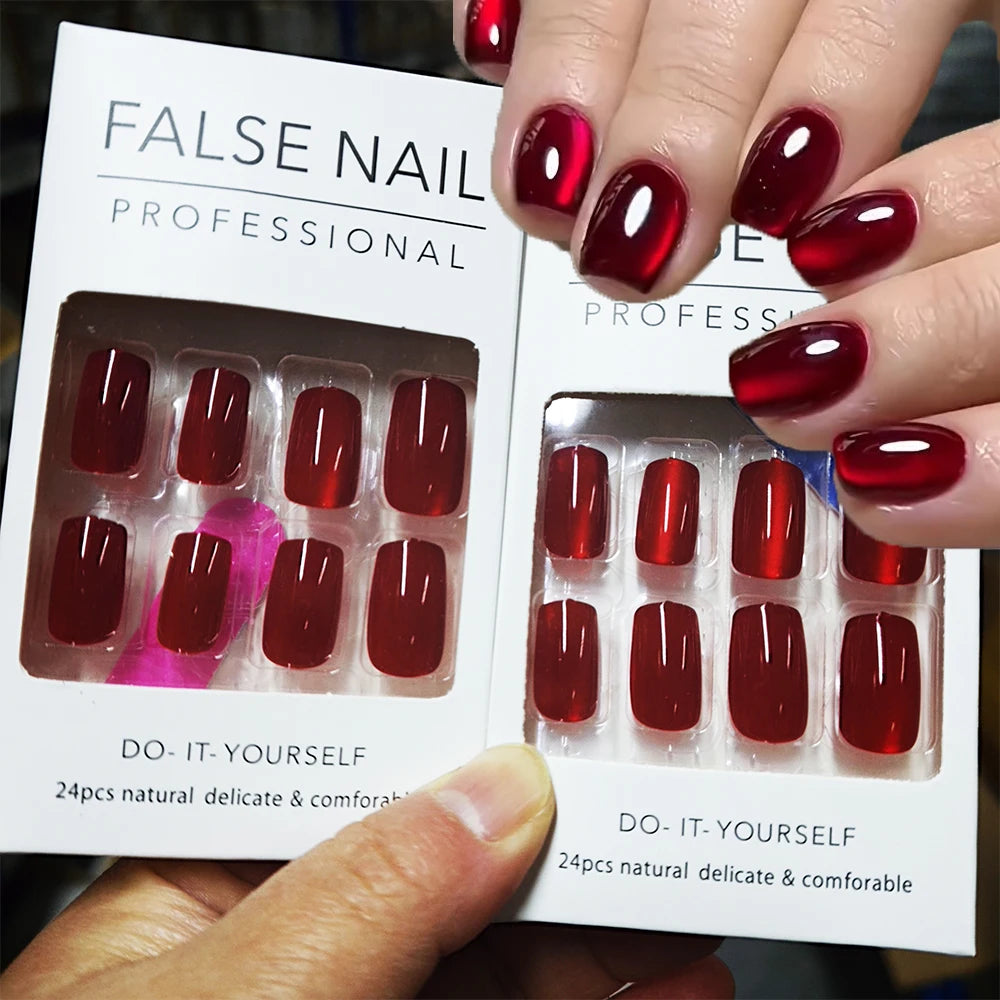 96/48/24PCS Sexy Red Cateye Press On Nails Medium Square Glossy Full Cover Detachable False Nails For Girl Valentine Girls' Gift