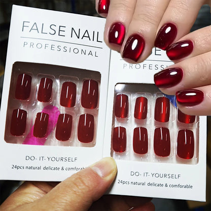 96/48/24PCS Sexy Red Cateye Press On Nails Medium Square Glossy Full Cover Detachable False Nails For Girl Valentine Girls' Gift