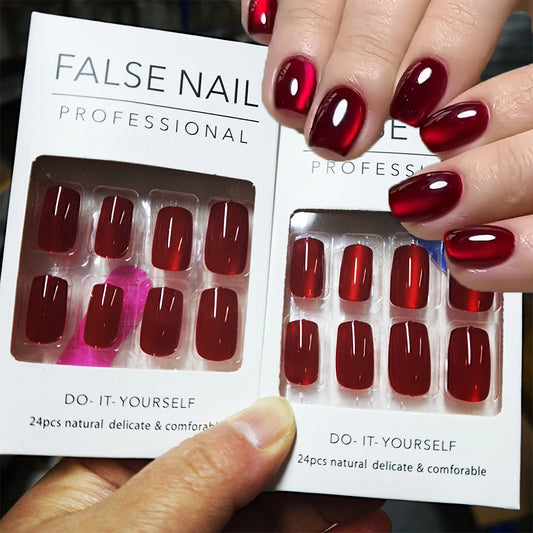 96/48/24PCS Sexy Red Cateye Press On Nails Medium Square Glossy Full Cover Detachable False Nails For Girl Valentine Girls' Gift