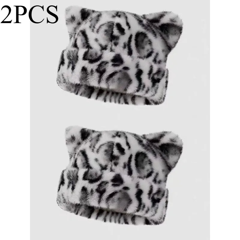 Leopard print plush teddy bear hat for women, sweet and cute, thick and warm, retro and versatile, hooded beanie.