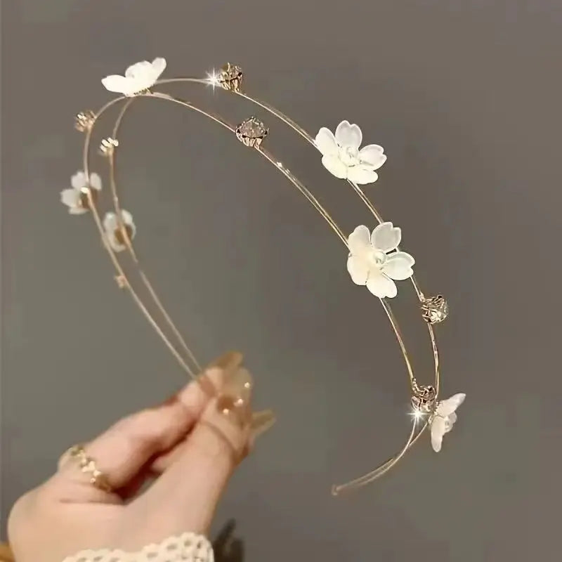 New Double Layer Metal Hairband Flower Pearl Headband for Women Headwear Shiny Rhinestone Hair Band Hoop Hair Accessories