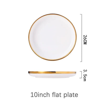 Ceramic Plates Bowls Gilt Rim White Porcelain Dinner Tray Kitchen Plates Ceramic Tableware Food Dishes Rice Salad Noodles Bowl