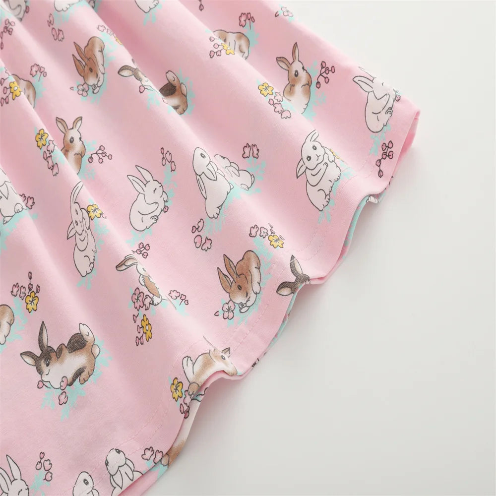 3-8T Summer Girls Dresses Rabbits Printed Buttons Short Sleeve Party Birthday Frocks Children's Costume Baby Dresses
