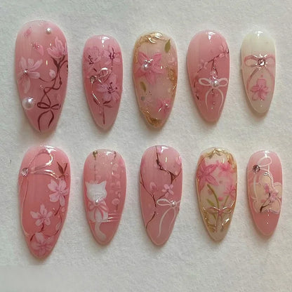 24pcs Sweet False Nail Patches Detachable Fake Nail Tips With Bowknots Love Heart Pearl Design Pink Almond Korean Press On Nail