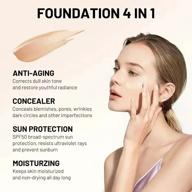 4-in-1 Foundation Liquid SPF 50+ Full Coverage Concealer Long-Lasting Waterproof Professional Conceal Dark Circle Face Makeup