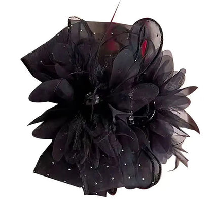 1PC 11/13cm Mesh Lace Black Feather Ribbon Bow Hair Claws Hairpin Big Ponytail Holder Hair Clips Hair Accessories For Women