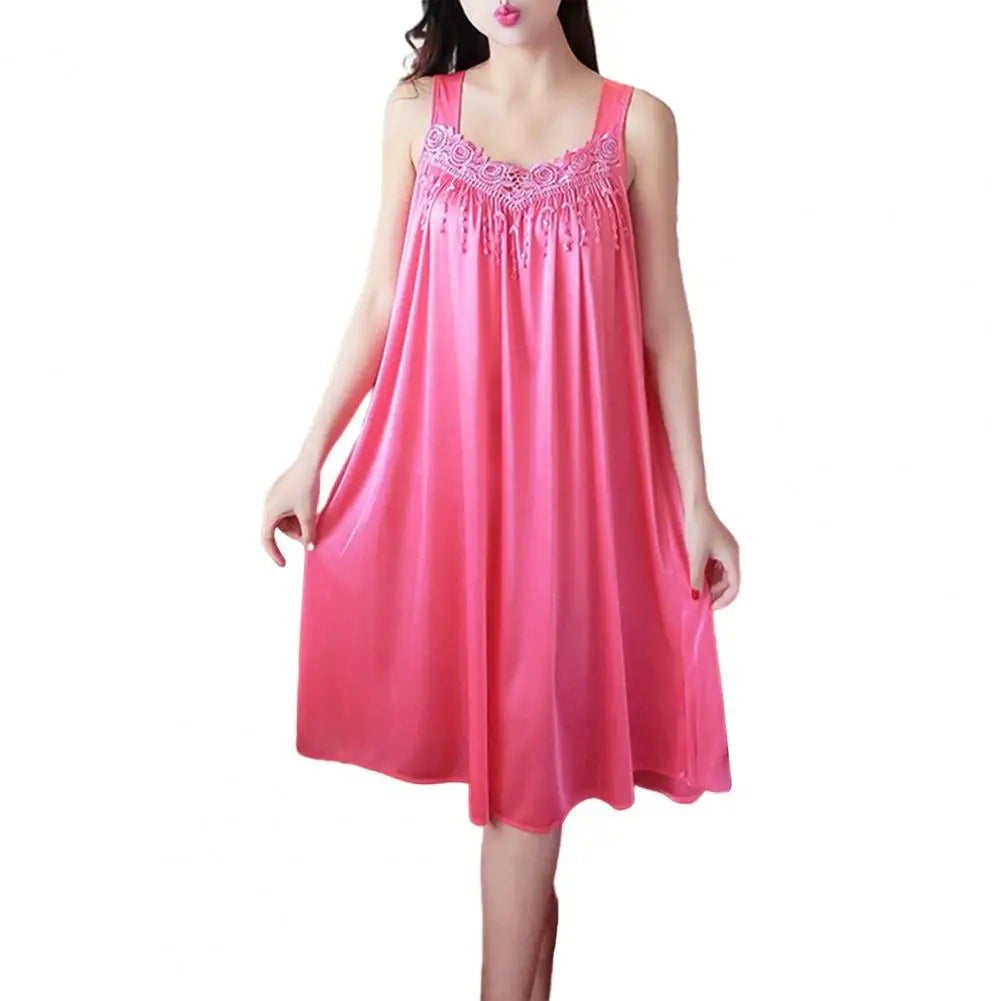 Lady Pajamas Solid Color Smooth Lace Patchwork Night Dress Comfortable Ventilate Casual Fashion Summer Women Night Gown Nightie