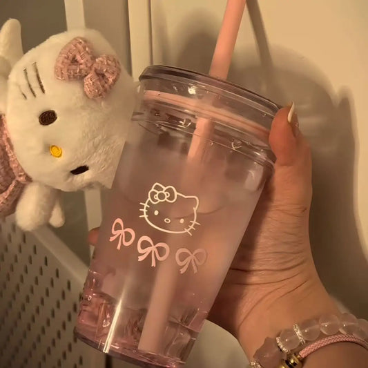 Hello Kitty Pink Straw Cup with Lid Plastic Student Portable Cup KT Cat Large-Capacity Transparent Plastic Water Cup Girl Gift