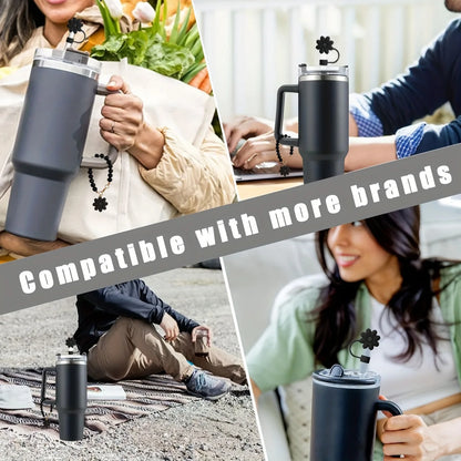 2pcs/set Black Flower Straw Covers Toppers for Stanley Cups 30&40 Oz Tumbler Accessories 4PCS Silicone Straw Caps 10mm Straws