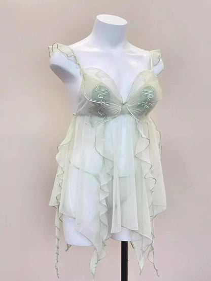 Pure Desire Butterfly Strap Lace Nightgown Breathable Mesh Sleepwear Sweet Tulle Date Night Sleep Suit Comfortable V-neck Sho...